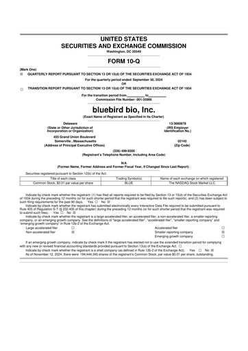 Thumbnail bluebird bio
 10-Q Quarterly Report FY 