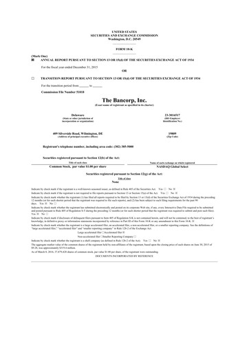 Thumbnail The Bancorp, Inc. 10-K Annual Report 2015