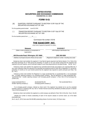 Thumbnail The Bancorp, Inc. 10-Q Quarterly Report FY2018 