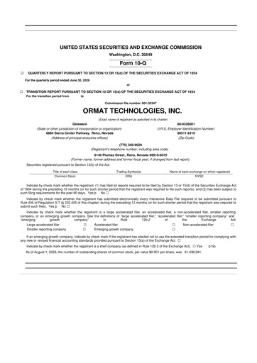Miniature Ormat Technologies
 10-Q Rapport trimestriel 2026 