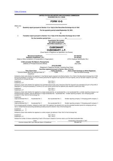 Thumbnail CubeSmart
 10-Q Quarterly Report FY 