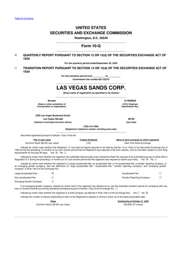 Thumbnail Las Vegas Sands 10-Q Quarterly Report FY2020 