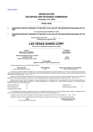 Thumbnail Las Vegas Sands 10-Q Quarterly Report FY2022 
