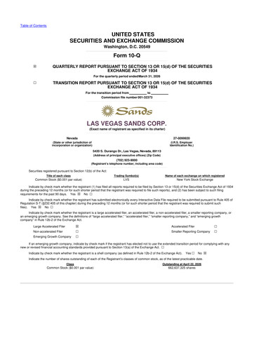 Thumbnail Las Vegas Sands 10-Q Quarterly Report FY 