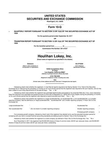 Thumbnail Houlihan Lokey
 10-Q Quarterly Report FY2018 