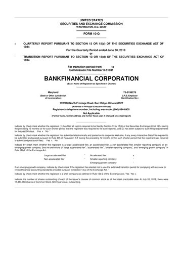 Thumbnail BankFinancial 10-Q Quarterly Report FY2018 