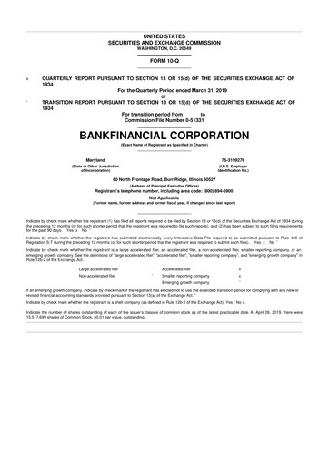 Thumbnail BankFinancial 10-Q Quarterly Report FY2019 