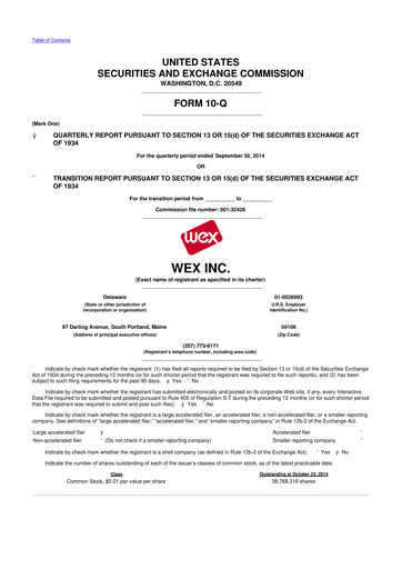 Thumbnail WEX 10-Q Quarterly Report FY2014 