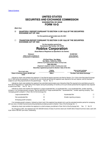 Vorschaubild Roblox 10-Q Quartalsbericht 2021 