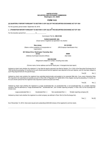 Thumbnail Parke Bancorp 10-Q Quarterly Report FY2016 
