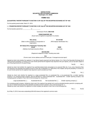 Thumbnail Parke Bancorp 10-Q Quarterly Report FY2018 