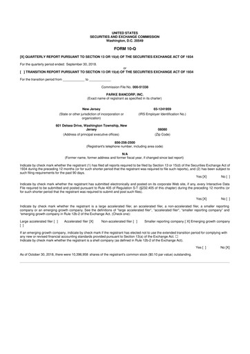 Thumbnail Parke Bancorp 10-Q Quarterly Report FY2018 