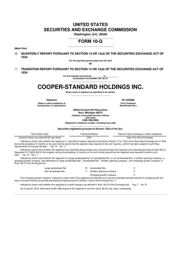 Thumbnail Cooper Standard 10-Q Quarterly Report FY2019 