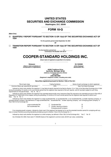 Thumbnail Cooper Standard 10-Q Quarterly Report FY2022 