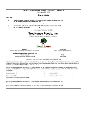 Miniature TreeHouse Foods
 10-Q Rapport trimestriel  