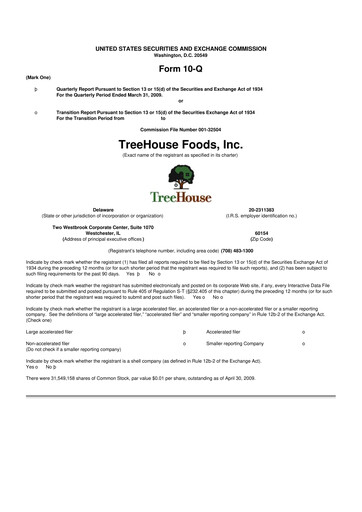 Miniature TreeHouse Foods
 10-Q Rapport trimestriel  