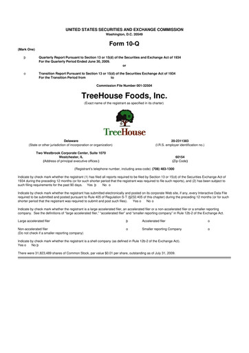 Miniature TreeHouse Foods
 10-Q Rapport trimestriel  