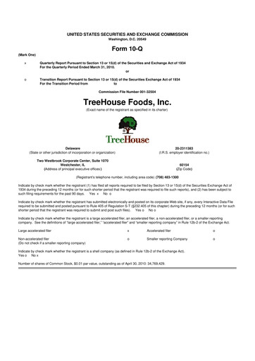 Miniature TreeHouse Foods
 10-Q Rapport trimestriel  