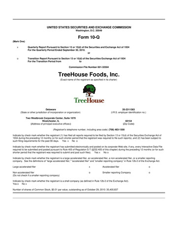 Miniature TreeHouse Foods
 10-Q Rapport trimestriel 2010 