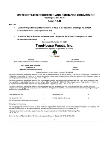Miniature TreeHouse Foods
 10-Q Rapport trimestriel 2018 