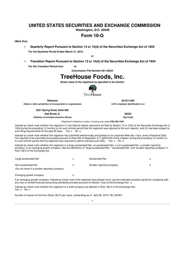 Miniature TreeHouse Foods
 10-Q Rapport trimestriel 2019 