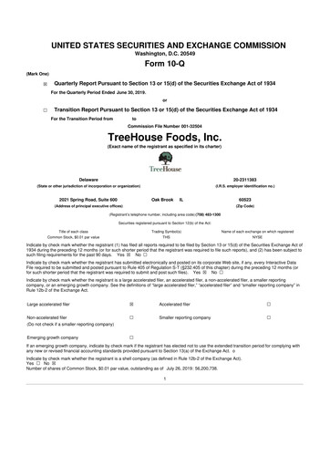 Miniature TreeHouse Foods
 10-Q Rapport trimestriel 2019 