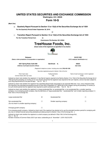 Miniature TreeHouse Foods
 10-Q Rapport trimestriel 2019 
