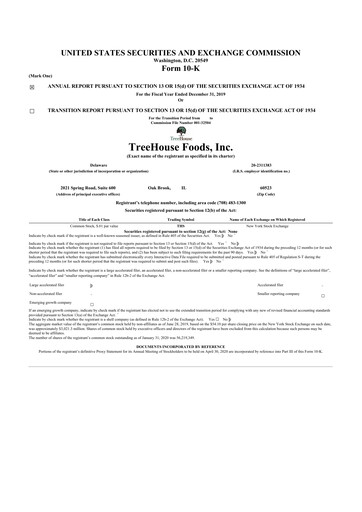 Thumbnail TreeHouse Foods
 10-K Annual Report 2019