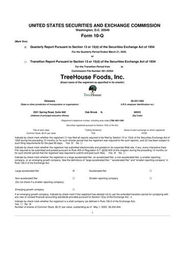Miniature TreeHouse Foods
 10-Q Rapport trimestriel 2020 