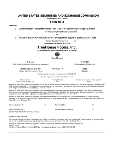 Miniature TreeHouse Foods
 10-Q Rapport trimestriel 2020 