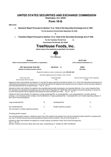 Miniature TreeHouse Foods
 10-Q Rapport trimestriel 2020 