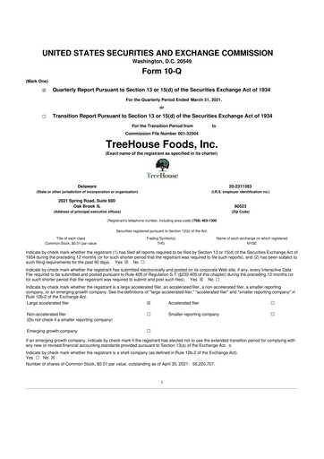 Miniature TreeHouse Foods
 10-Q Rapport trimestriel 2021 