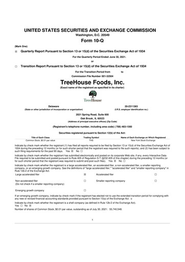 Miniature TreeHouse Foods
 10-Q Rapport trimestriel 2021 