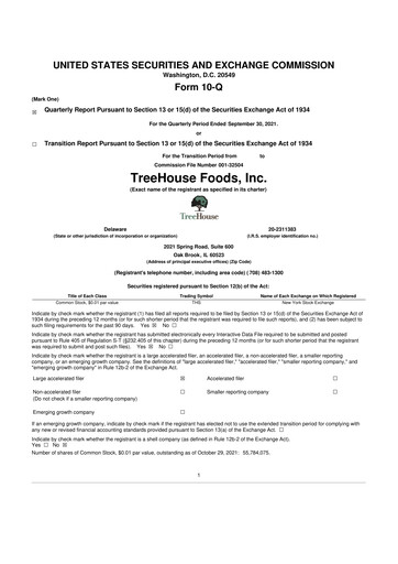 Miniature TreeHouse Foods
 10-Q Rapport trimestriel 2021 