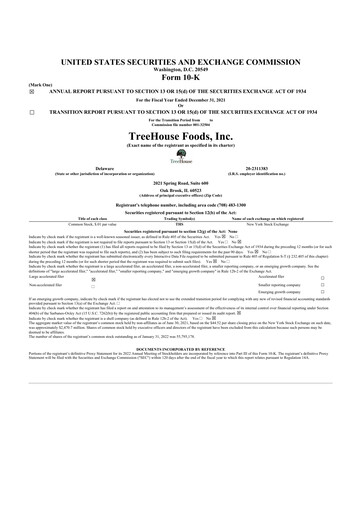 Thumbnail TreeHouse Foods
 10-K Annual Report 2021