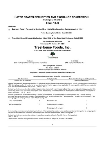 Miniature TreeHouse Foods
 10-Q Rapport trimestriel 2022 