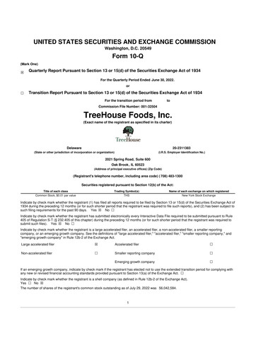 Miniature TreeHouse Foods
 10-Q Rapport trimestriel 2022 