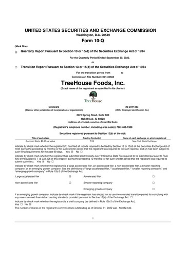 Miniature TreeHouse Foods
 10-Q Rapport trimestriel 2022 