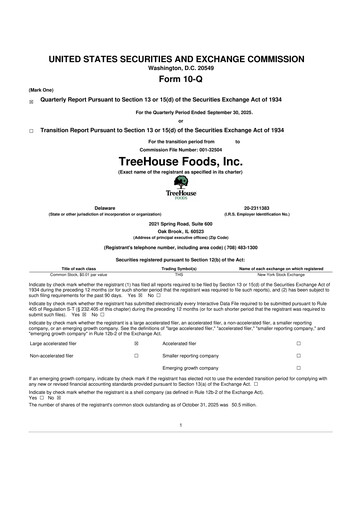 Miniature TreeHouse Foods
 10-Q Rapport trimestriel 2025 