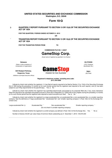 Thumbnail GameStop
 10-Q Quarterly Report FY2015 