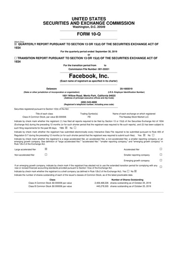 Thumbnail Meta Platforms (Facebook) 10-Q Quarterly Report FY2019 