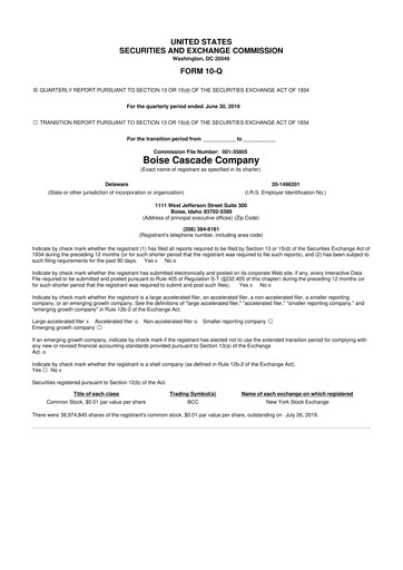 Thumbnail Boise Cascade
 10-Q Quarterly Report FY2019 