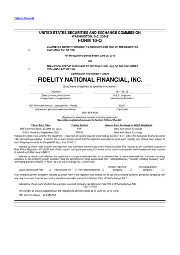 Thumbnail Fidelity National Financial
 10-Q Quarterly Report FY2019 