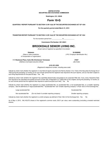 Thumbnail Brookdale Senior Living
 10-Q Quarterly Report FY2015 