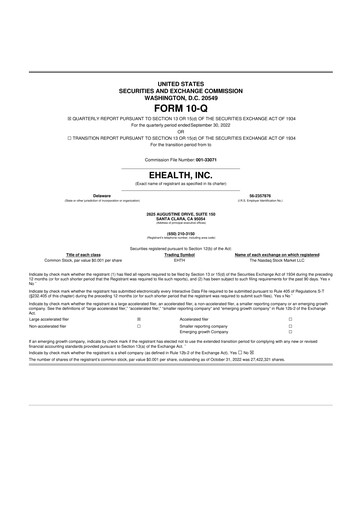 Miniature eHealth 10-Q Rapport trimestriel  