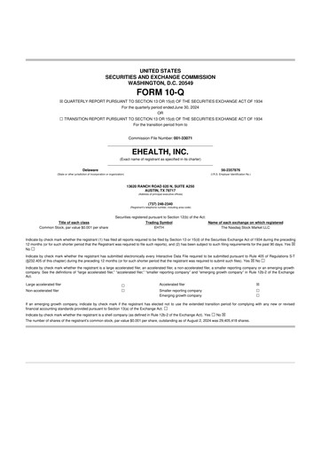 Miniature eHealth 10-Q Rapport trimestriel  