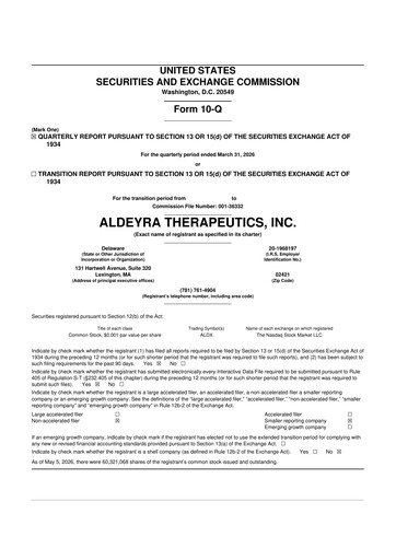 Thumbnail Aldeyra Therapeutics
 10-Q Quarterly Report FY 