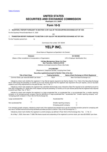 Miniature Yelp 10-Q Rapport trimestriel 2020 