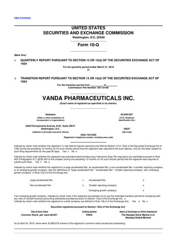 Thumbnail Vanda Pharmaceuticals 10-Q Quarterly Report FY2019 