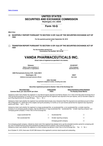 Thumbnail Vanda Pharmaceuticals 10-Q Quarterly Report FY2019 